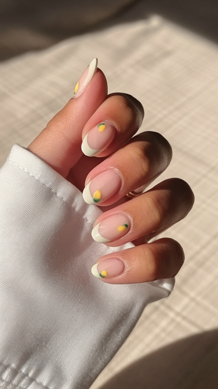 Lemon-accented French tips on almond nails