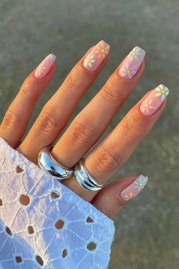 Floral French tips on short square nails