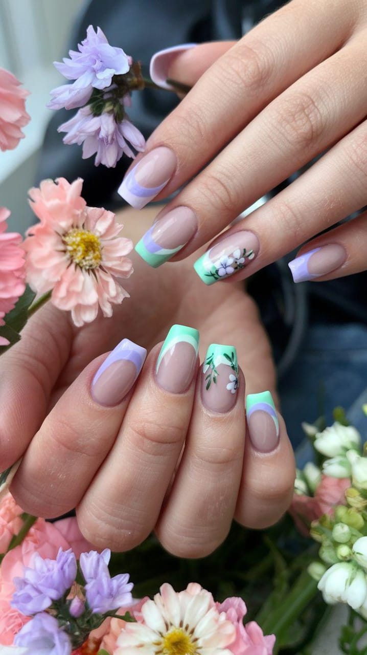 Pastel French tips with floral art on square nails