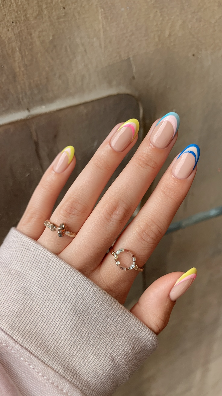 Swirled color French tips on almond nails