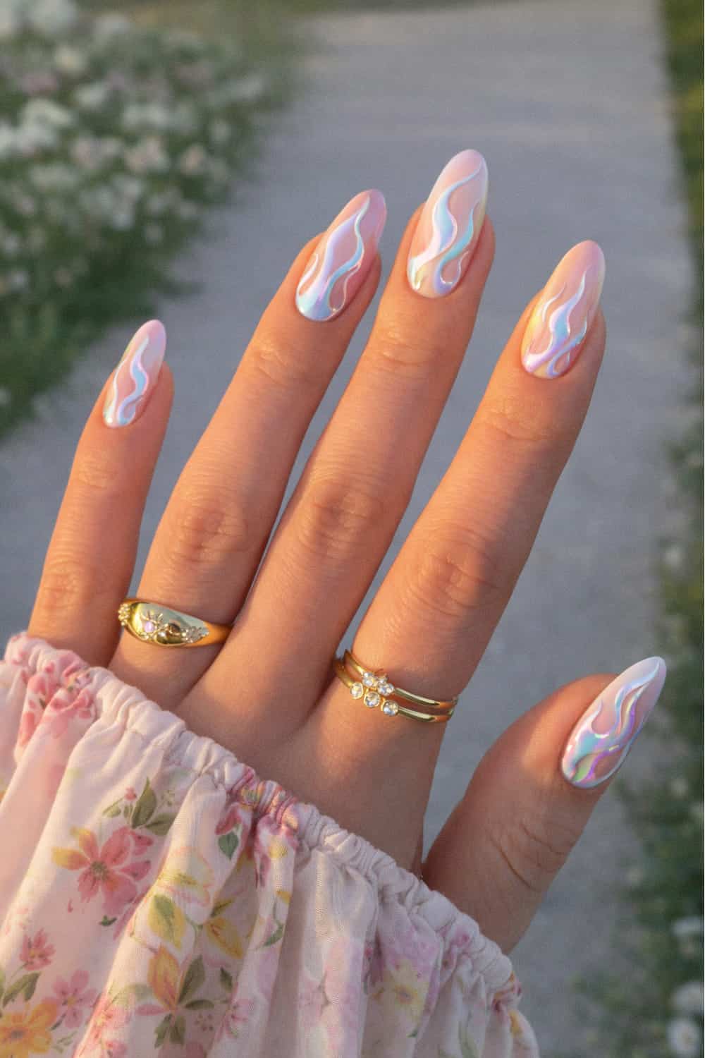 Iridescent wave nails on almond shape