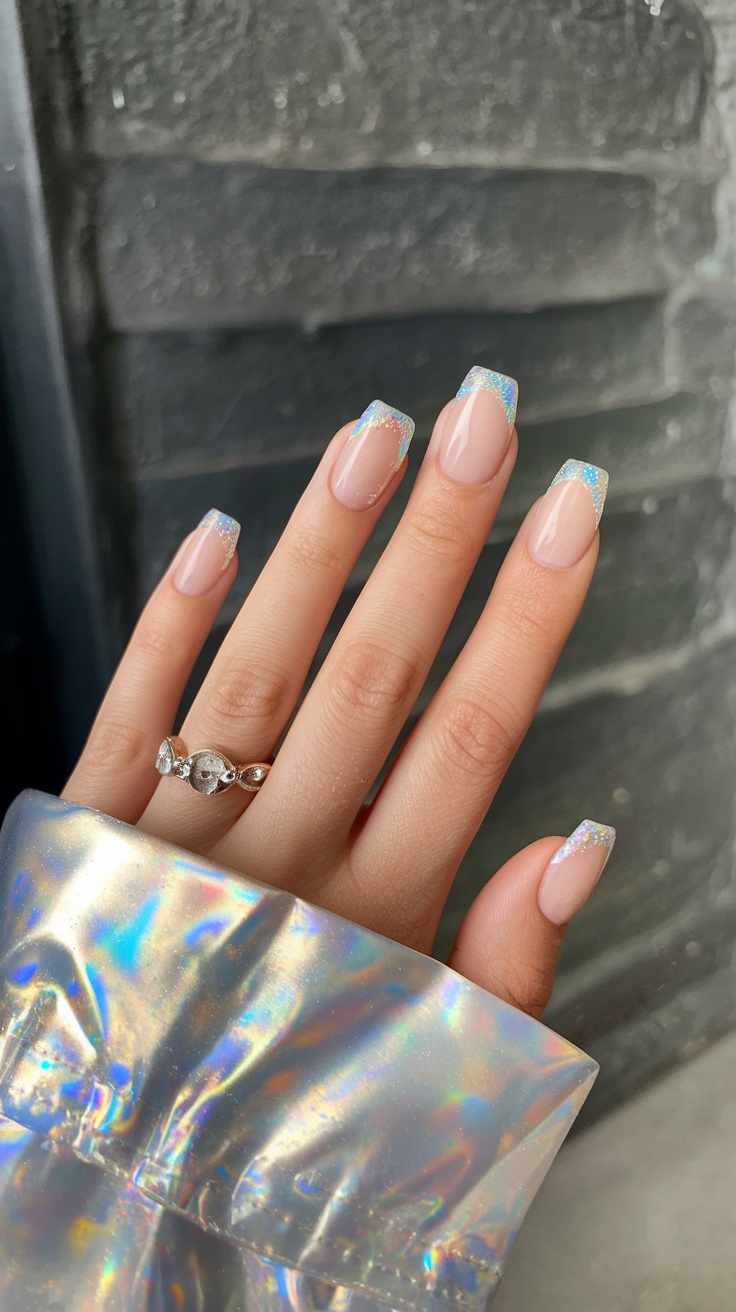 Holographic sparkle French tips on square nails