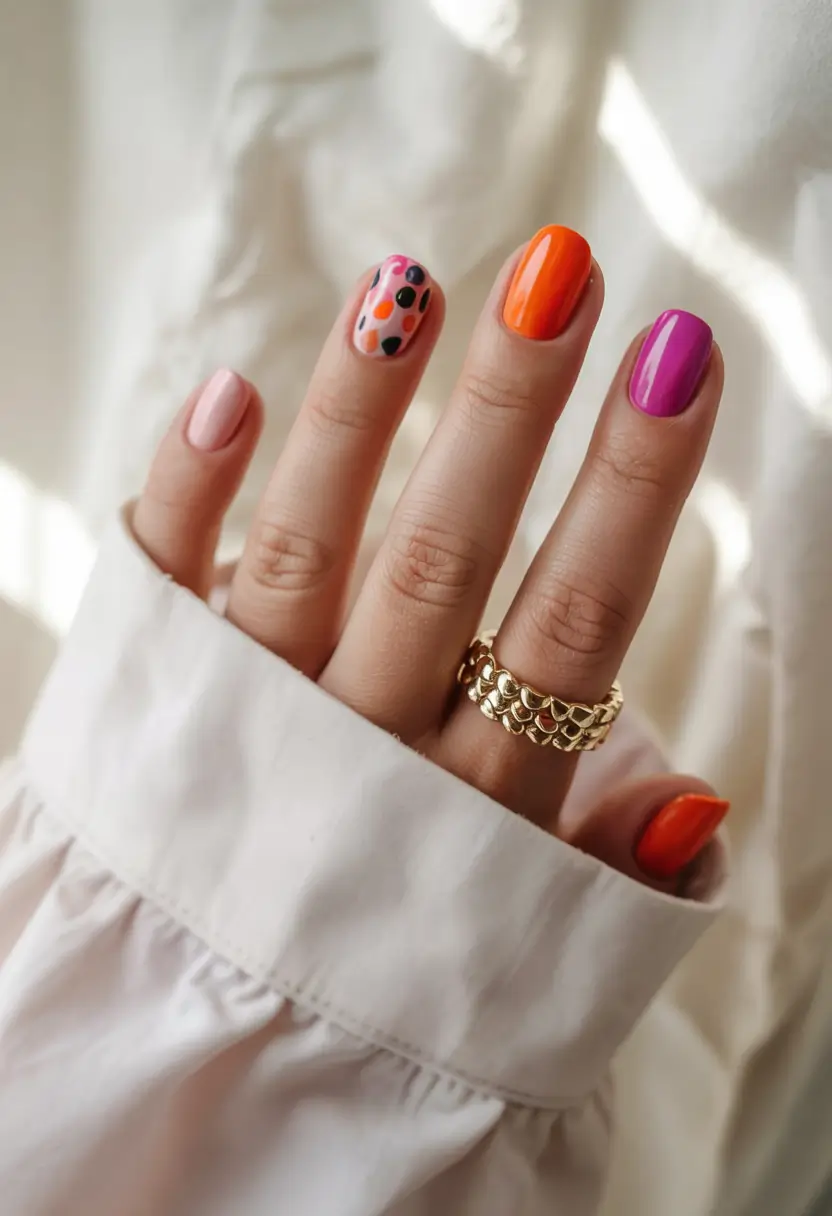 Vibrant colorful nails with playful patterns, perfect for spring fashion.
