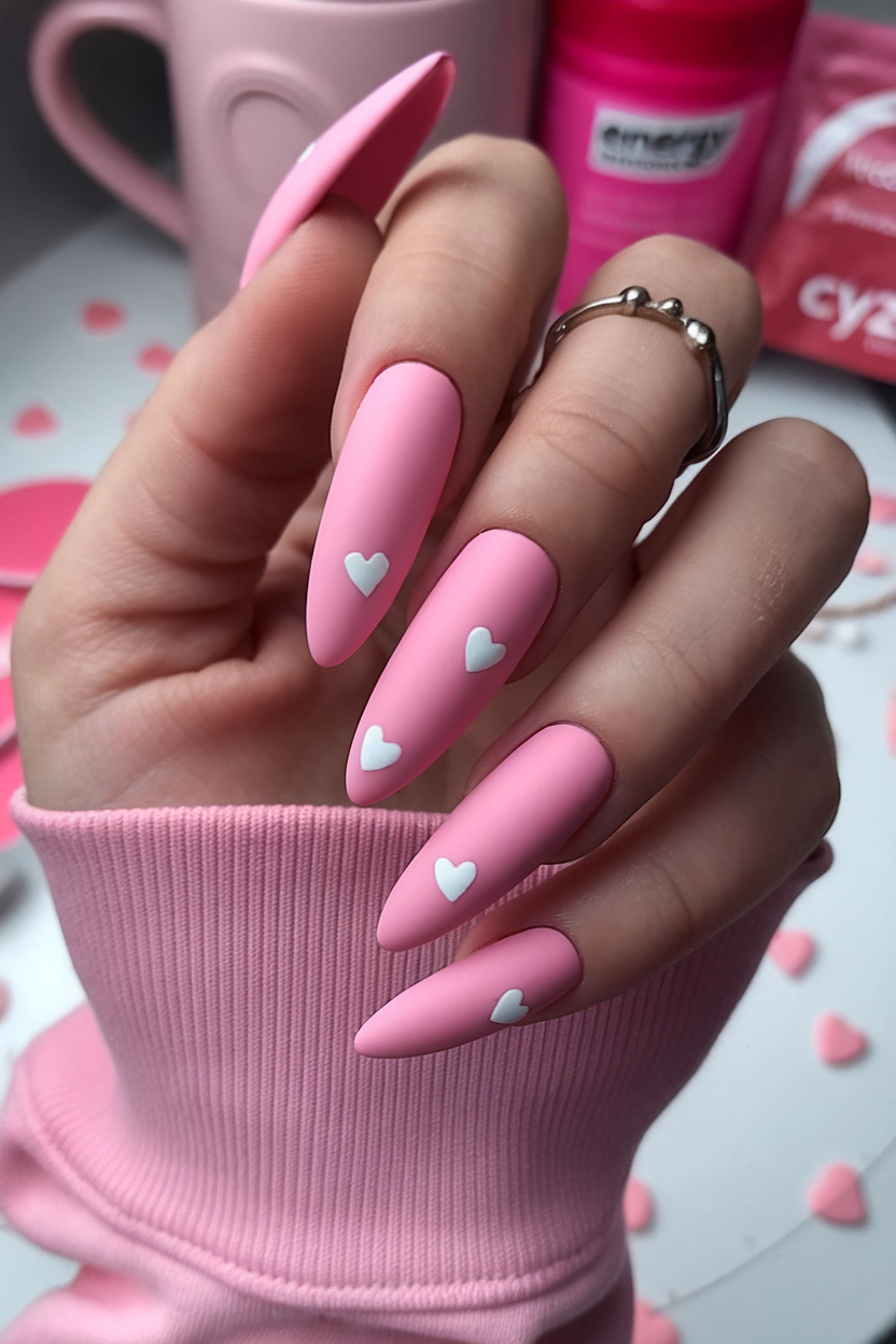 Chic matte pink nails with heart accents, perfect for a playful and stylish look.