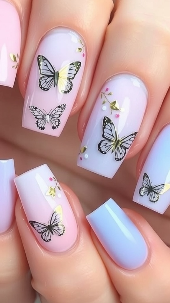 Pastel nails with butterfly art, spring fantasy style.