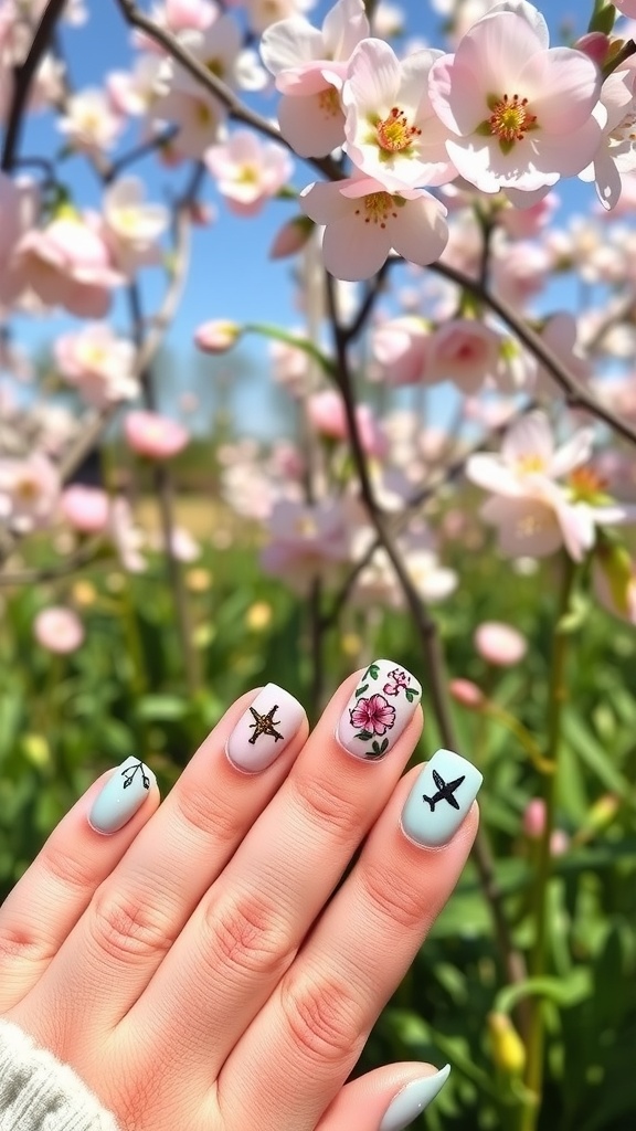 Floral nail art with pastel hues, serene spring touch.