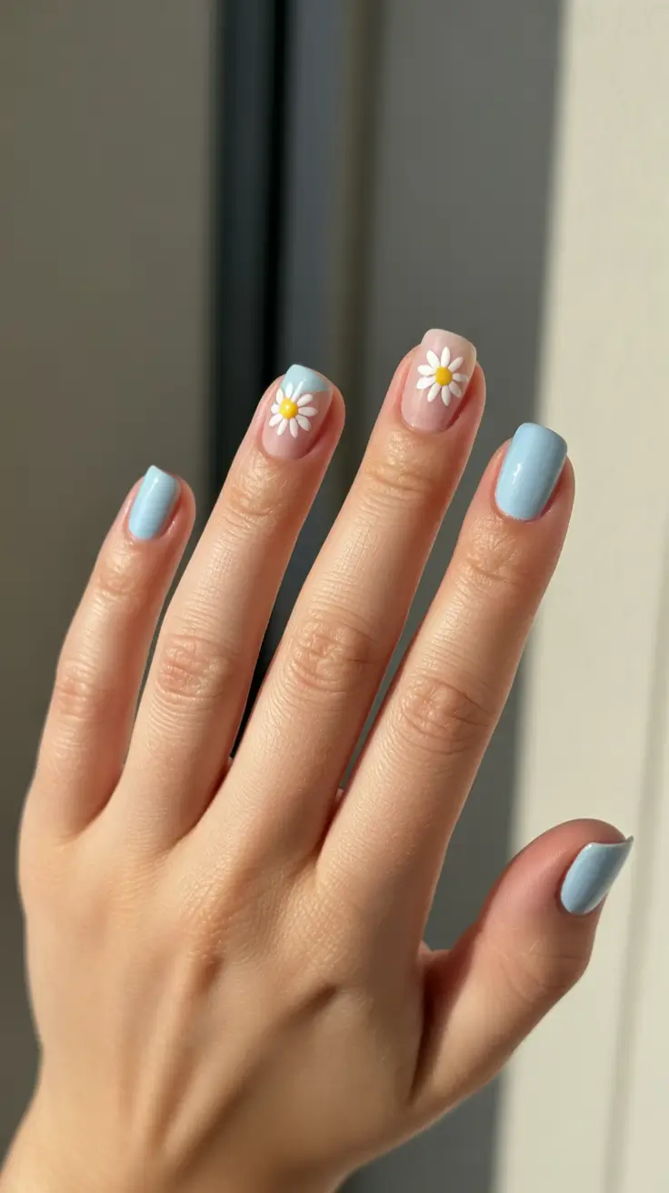Pastel blue nails with daisy art, playful spring look.