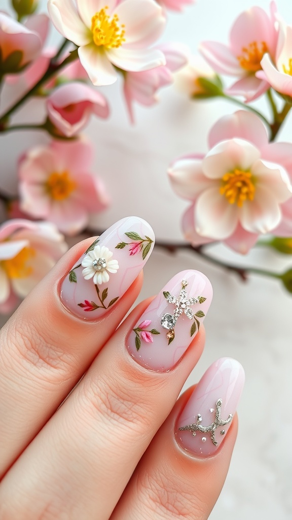 Floral nails with jeweled accents, spring fantasy.