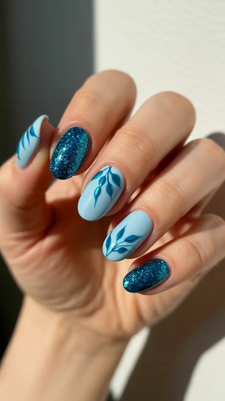 Blue nails with glitter accents, elegant and bold.