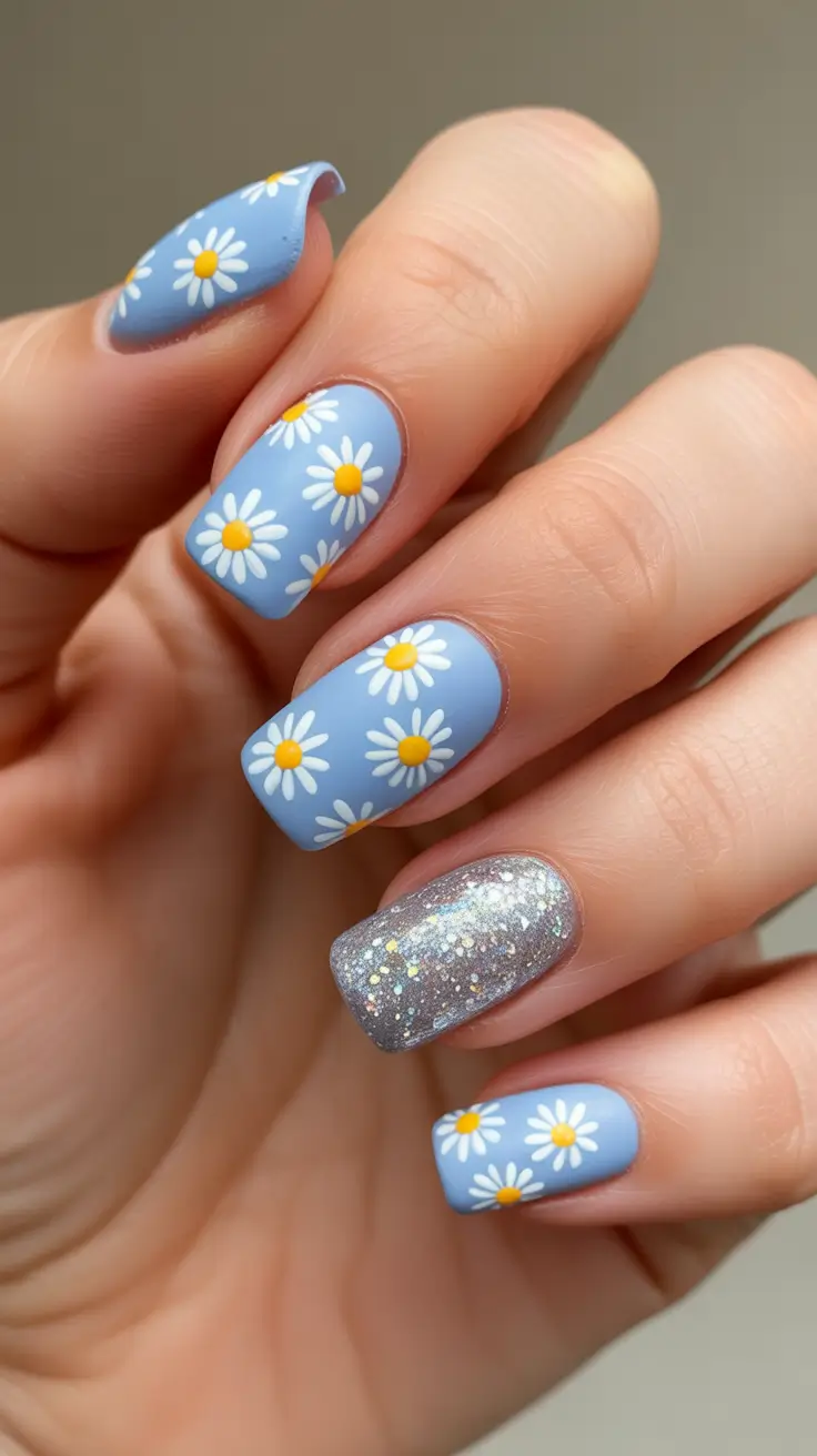 Blue nails with daisy and glitter accents.
