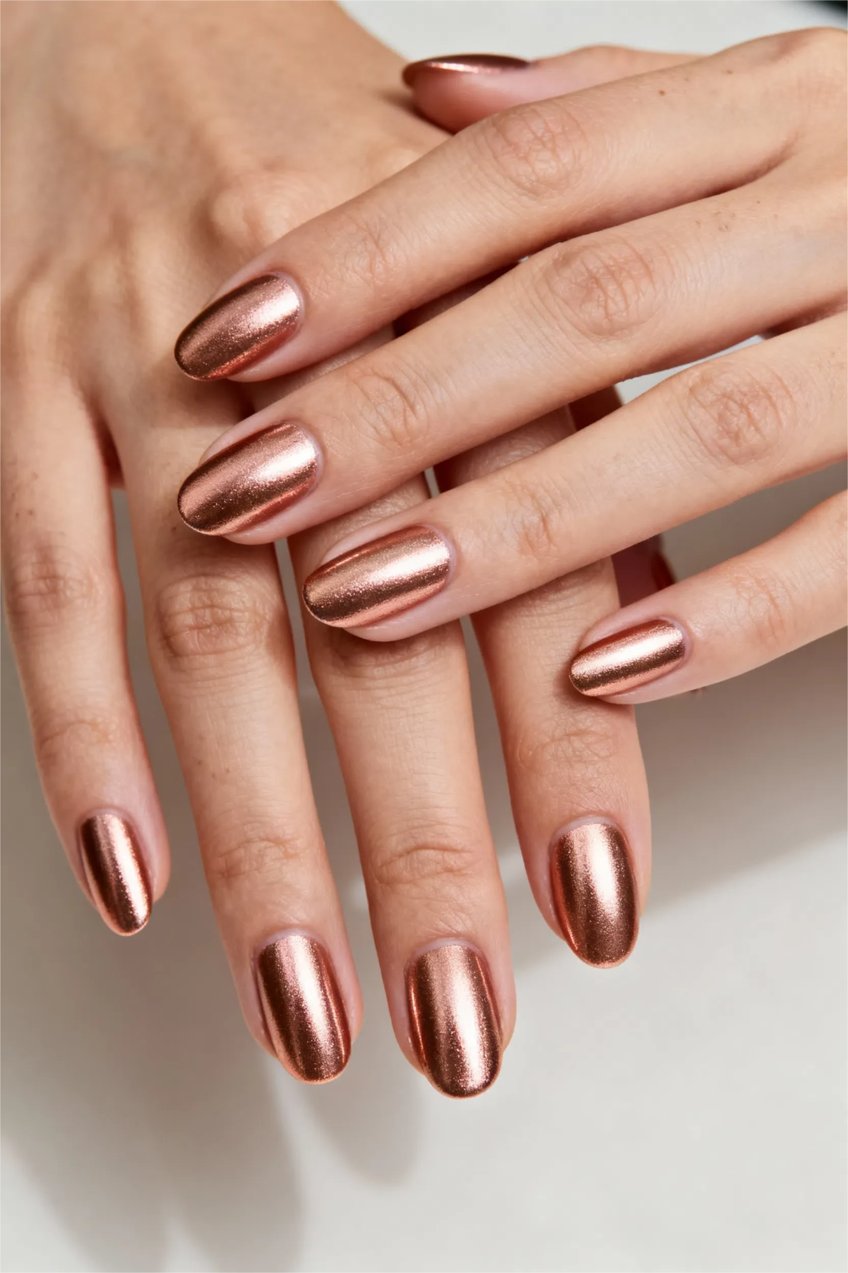 Rose gold metallic nails, luxurious and elegant.