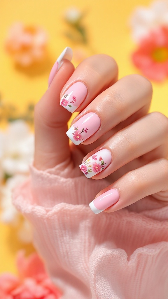 Pink nails with floral French tips, romantic touch.
