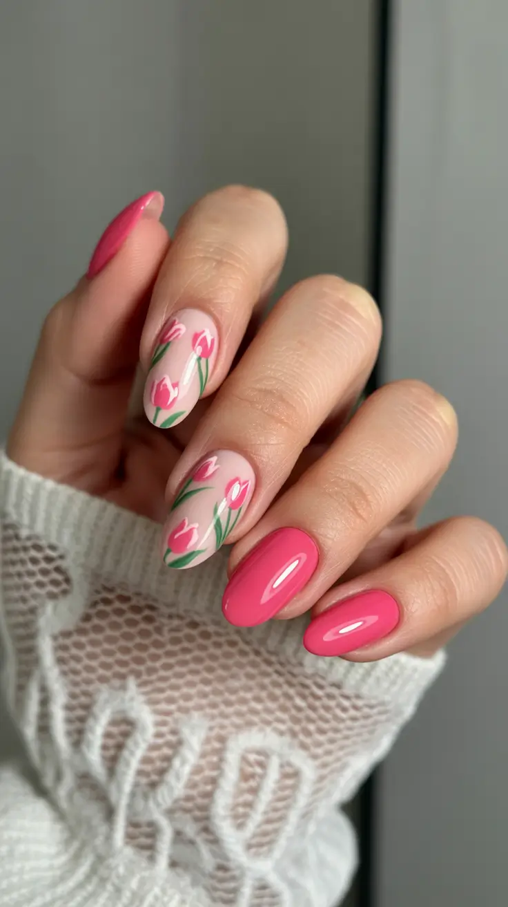 Spring floral nail art with pink tulips on almond nails.