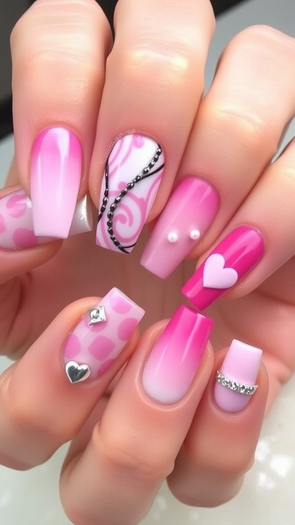 Vibrant pink nail art with hearts and swirls on long coffin nails.