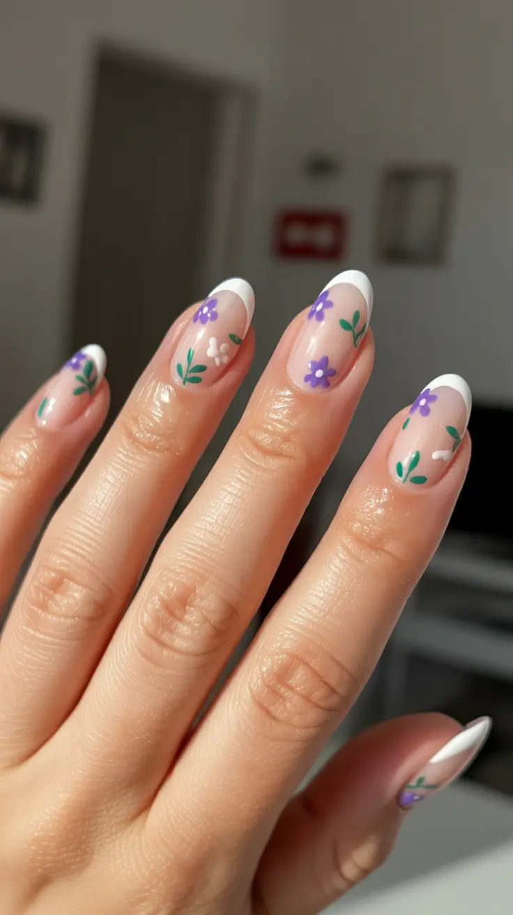 Purple floral French manicure on almond nails.
