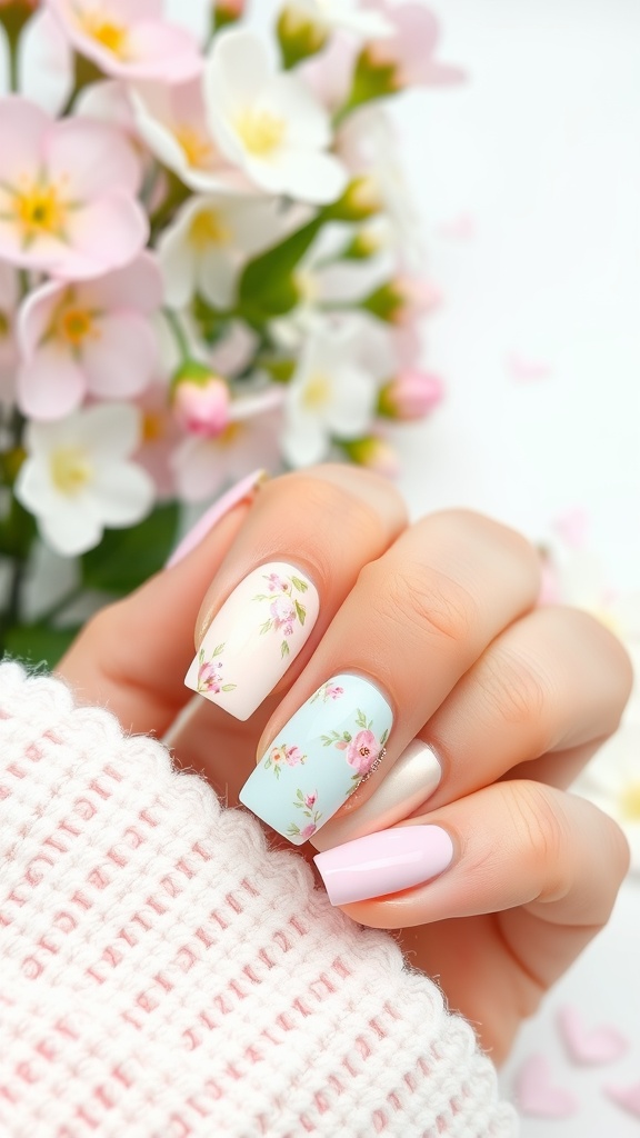 Pastel floral nail art on almond nails.