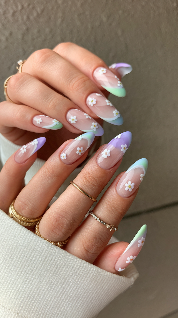 Pastel French nails with floral accents.