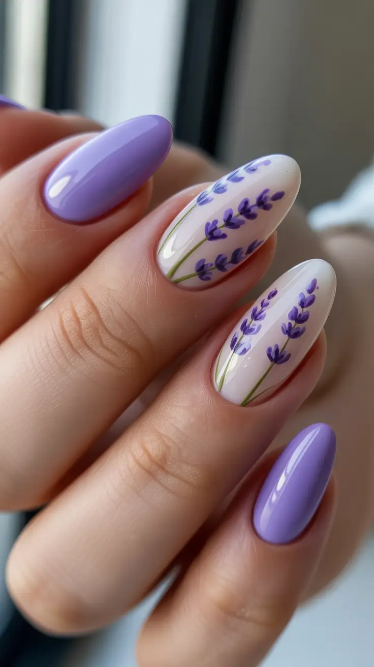 Lavender nail art with floral accents on almond nails.