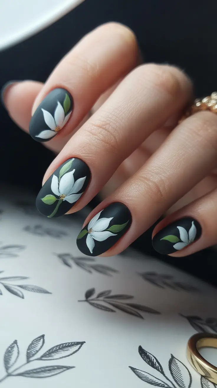 Matte black nails with white magnolia art.