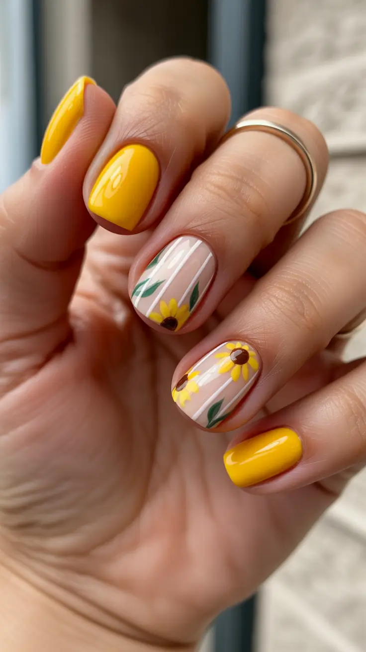 Sunflower and yellow nail art on square nails.