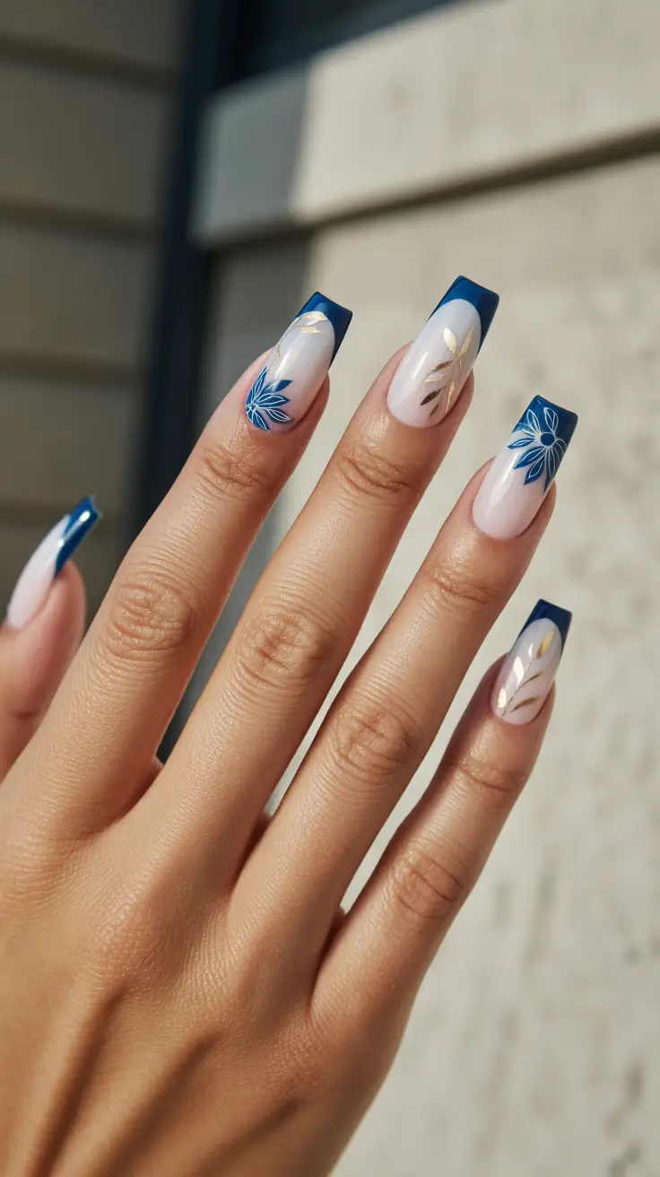 Blue French tip nails with floral art, spring nail fashion, elegant nail design