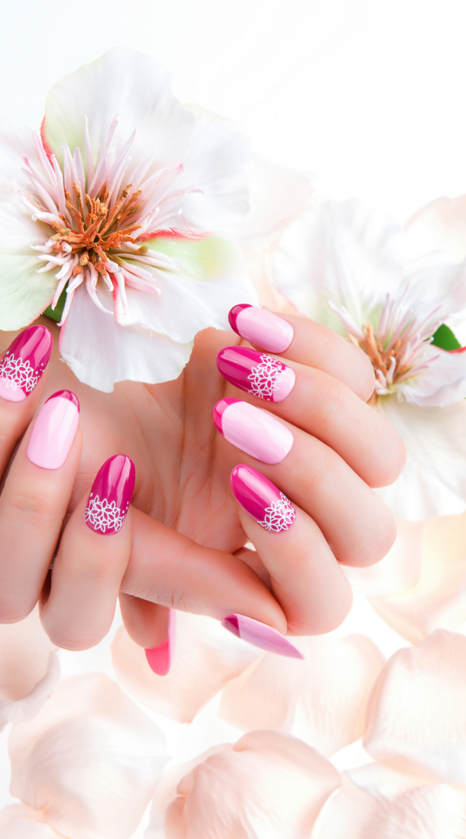 Vibrant fuchsia layered nails, spring trends, bold nail colors