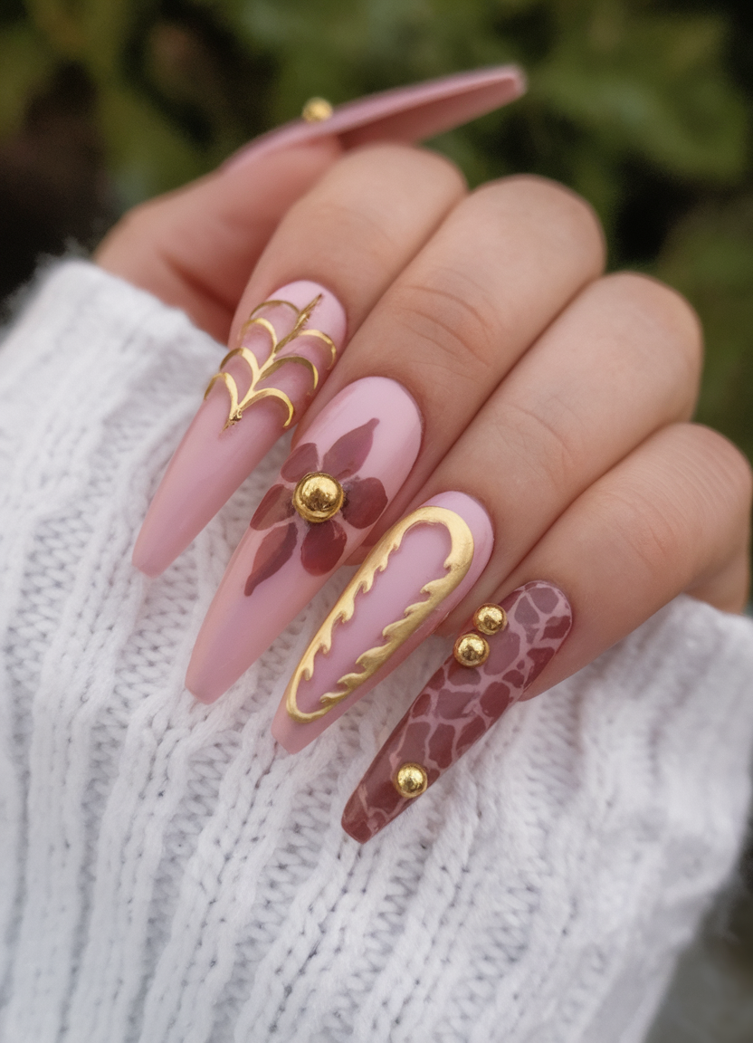 Baroque-inspired nail art with gold accents, ornate nail design, spring trends