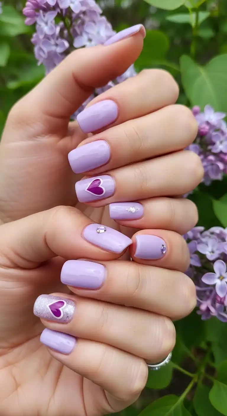 Lavender nails with heart accents, romantic spring nails, pastel nail art