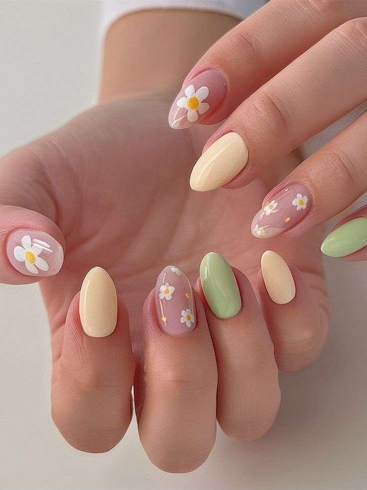 Mixed pastel nails with floral art, spring nail ideas, colorful manicure