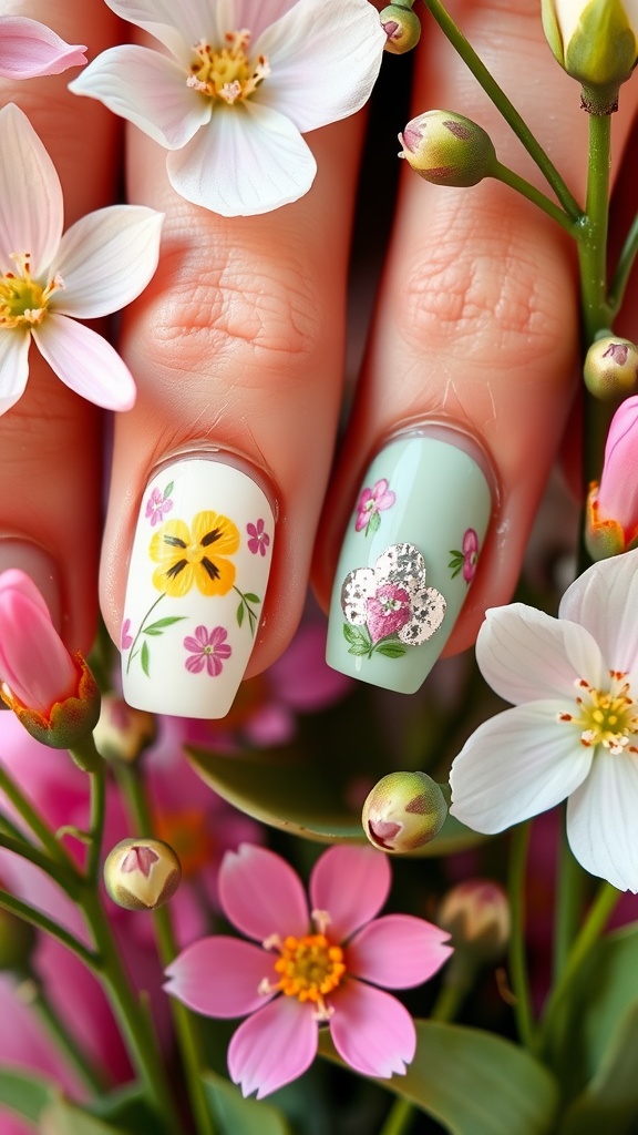 Floral nail art with pastel colors, spring garden nails, detailed design