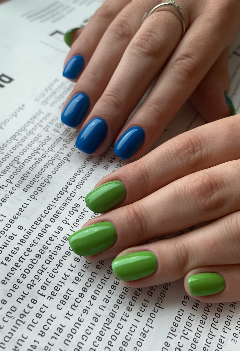 Bright blue and green nails, color block spring nails, vibrant manicure