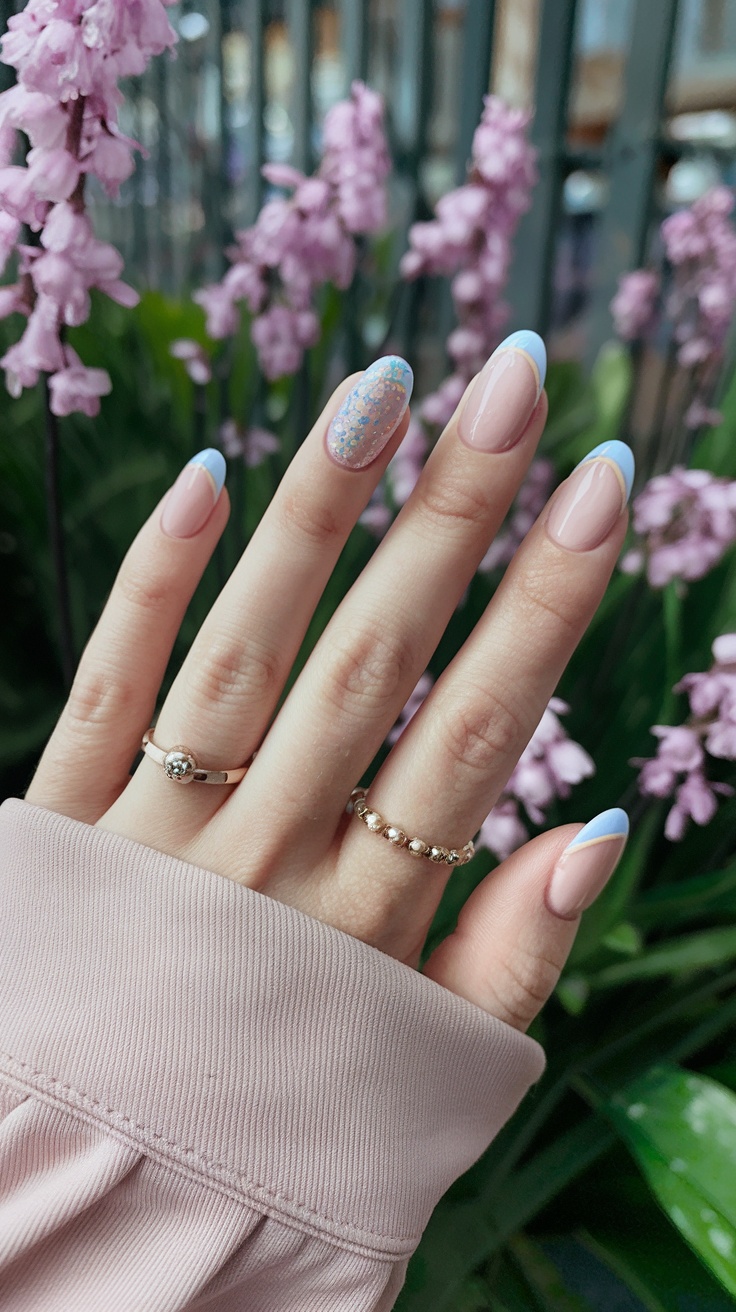 Ombre French nails with glitter accent, ethereal spring nails, pastel gradient design