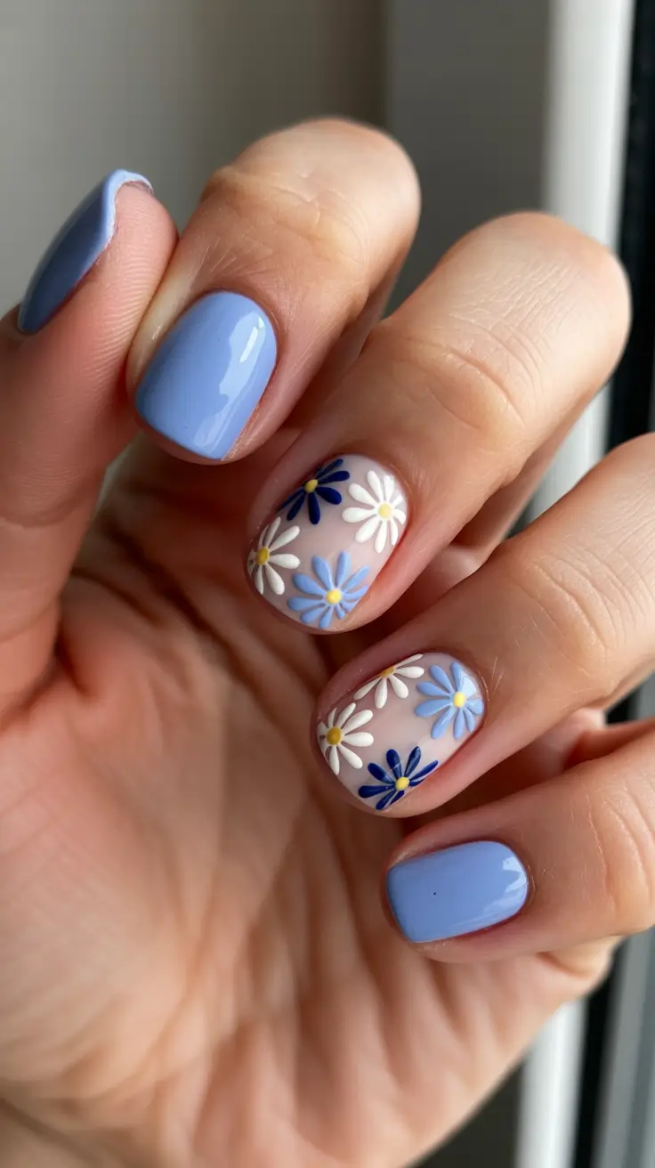 Blue nails with daisy accents, spring nail art, delicate design