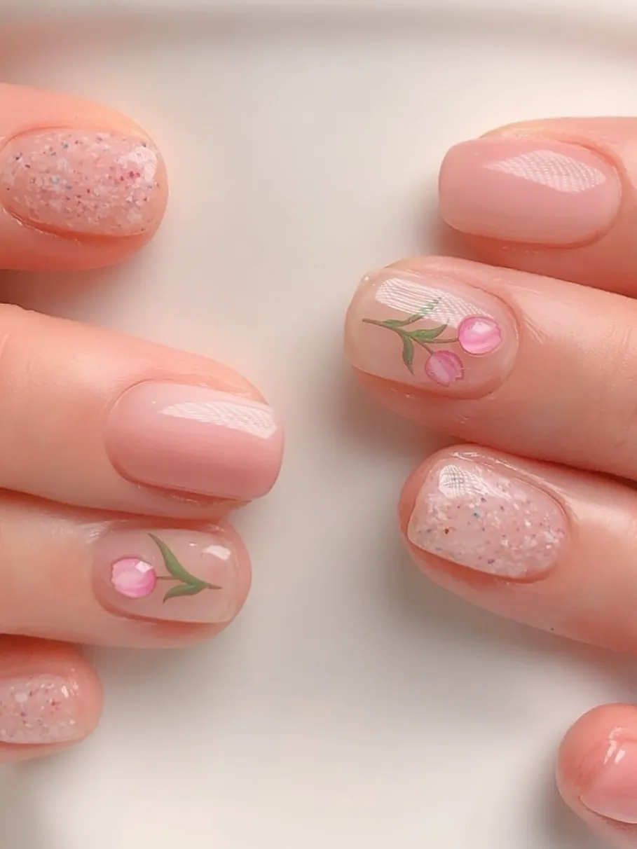 Pink nails with floral accents, subtle spring nails, feminine design