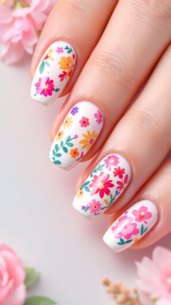 Colorful floral nails, spring nail art, vibrant design