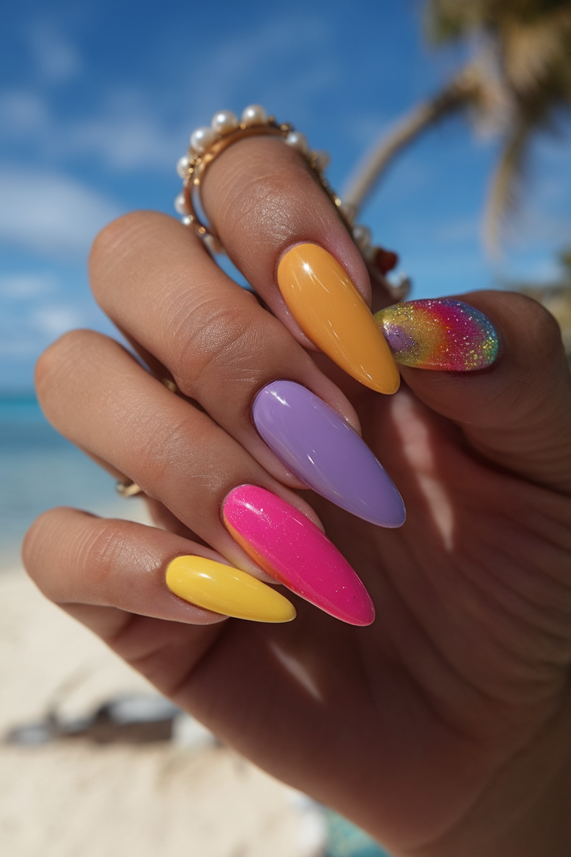 Colorful ombre nails with tropical colors, vibrant spring nails, beach-inspired design