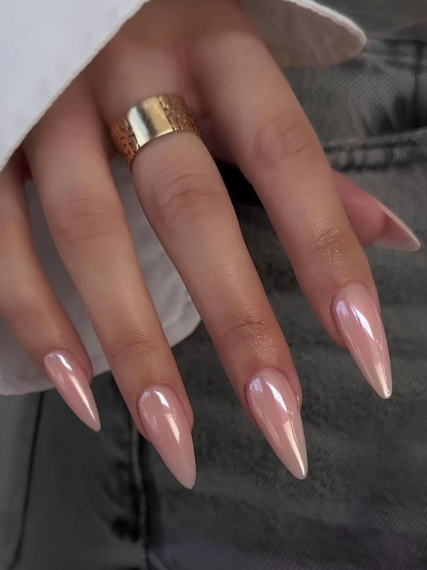 Pearlized pink stiletto nails, elegant spring nails, chic design