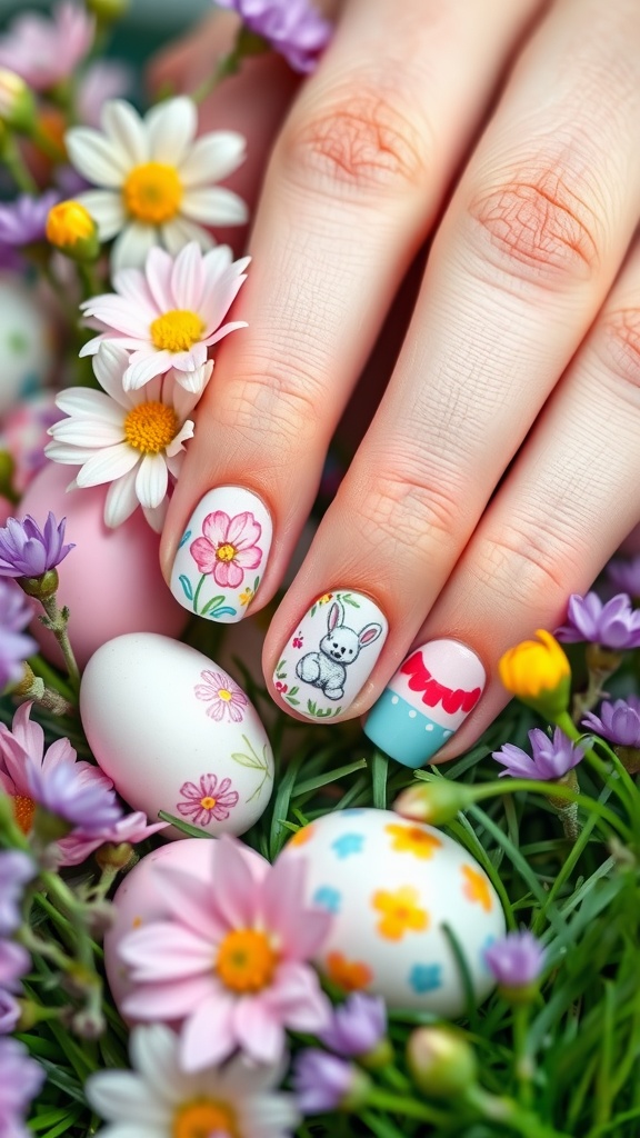 Easter-themed nails with colorful accents, playful spring design, whimsical nail art