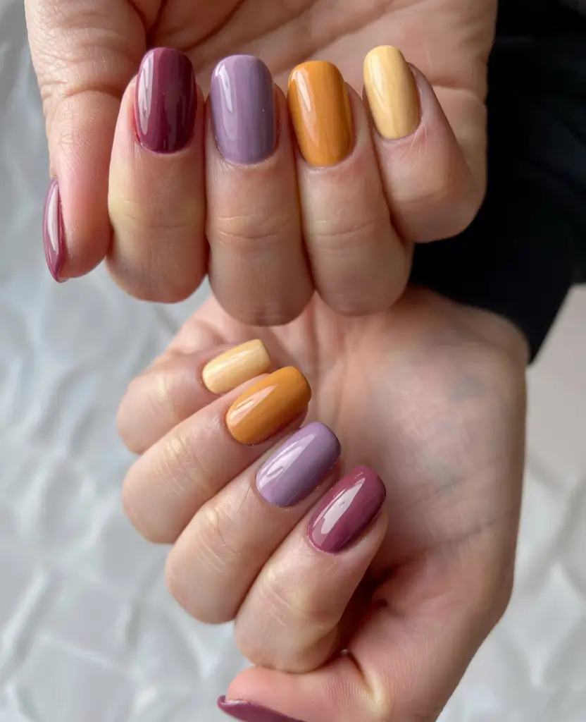 Multicolor square nails with warm tones: mustard, mauve, and purple.