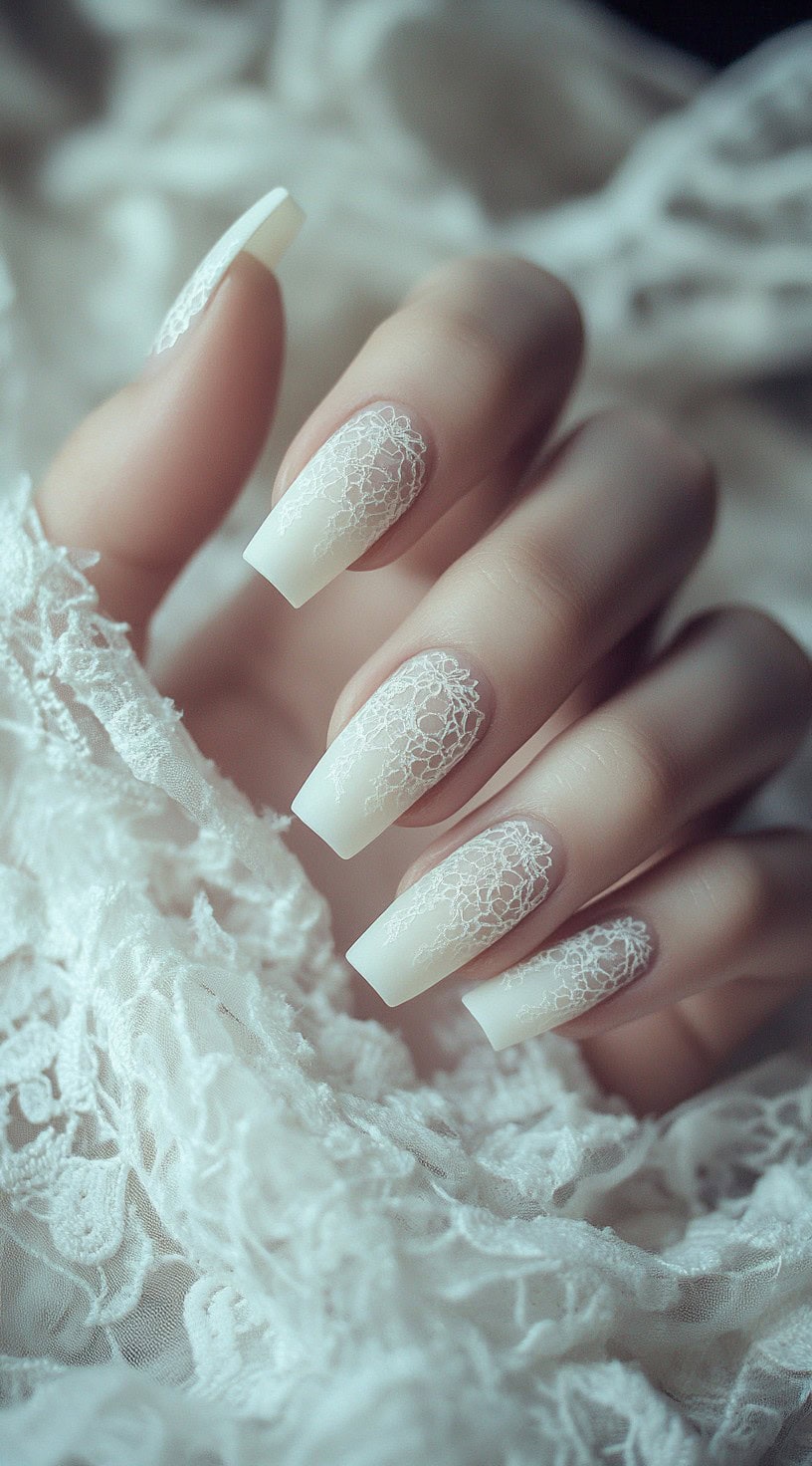 White lace long square nails for weddings and events.