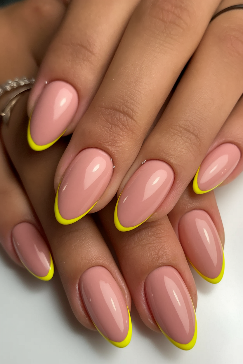 Neon yellow French tip almond nails on a nude base.