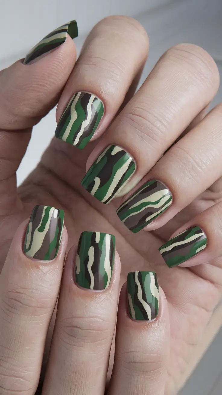 Camouflage pattern square nails in green shades.