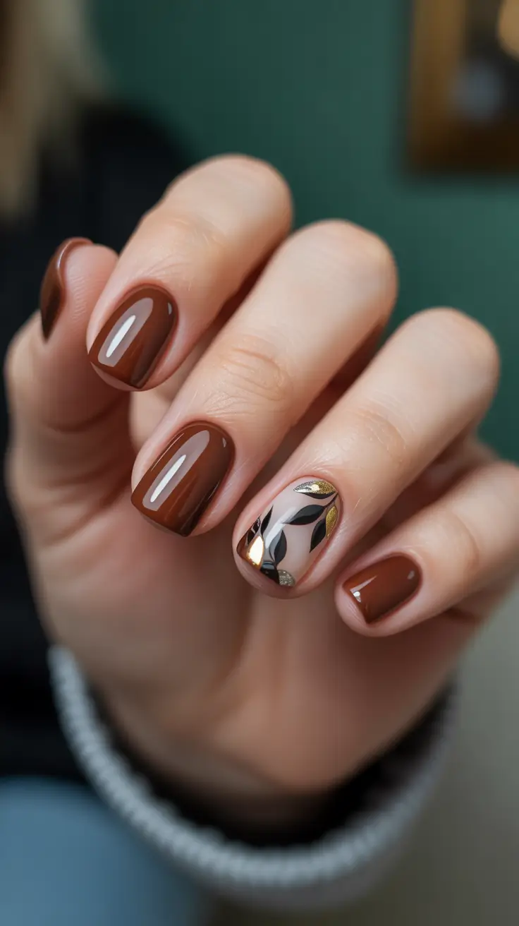 Short square nails with chocolate color and accent design.