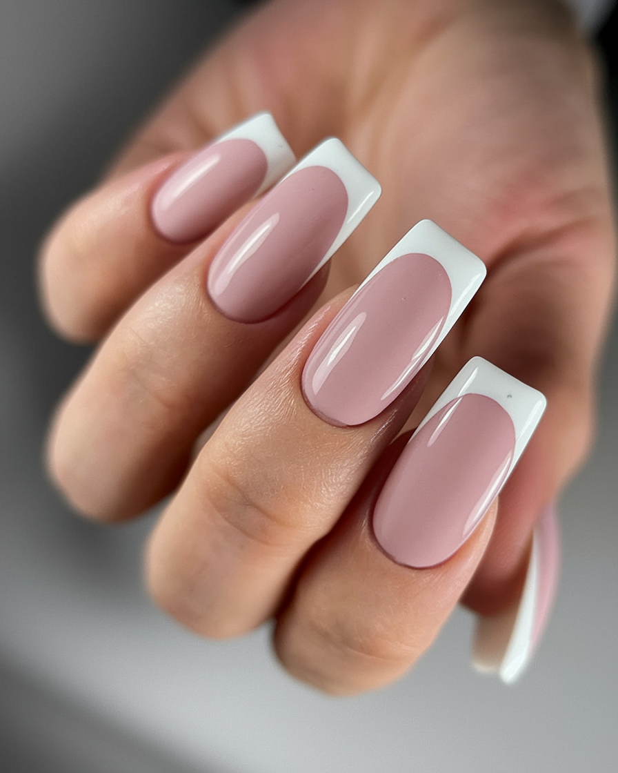 Long square nails with modern French manicure.