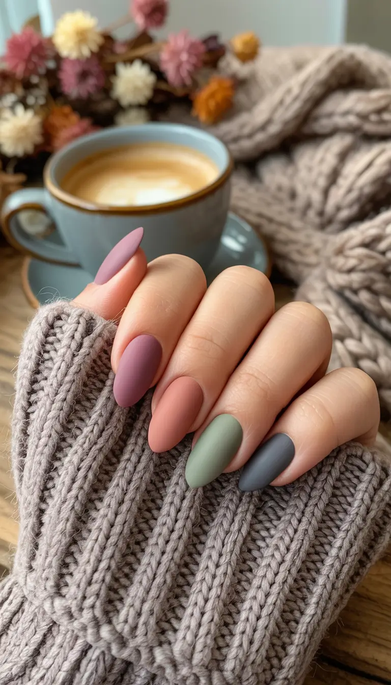 Almond nails with matte autumn colors.