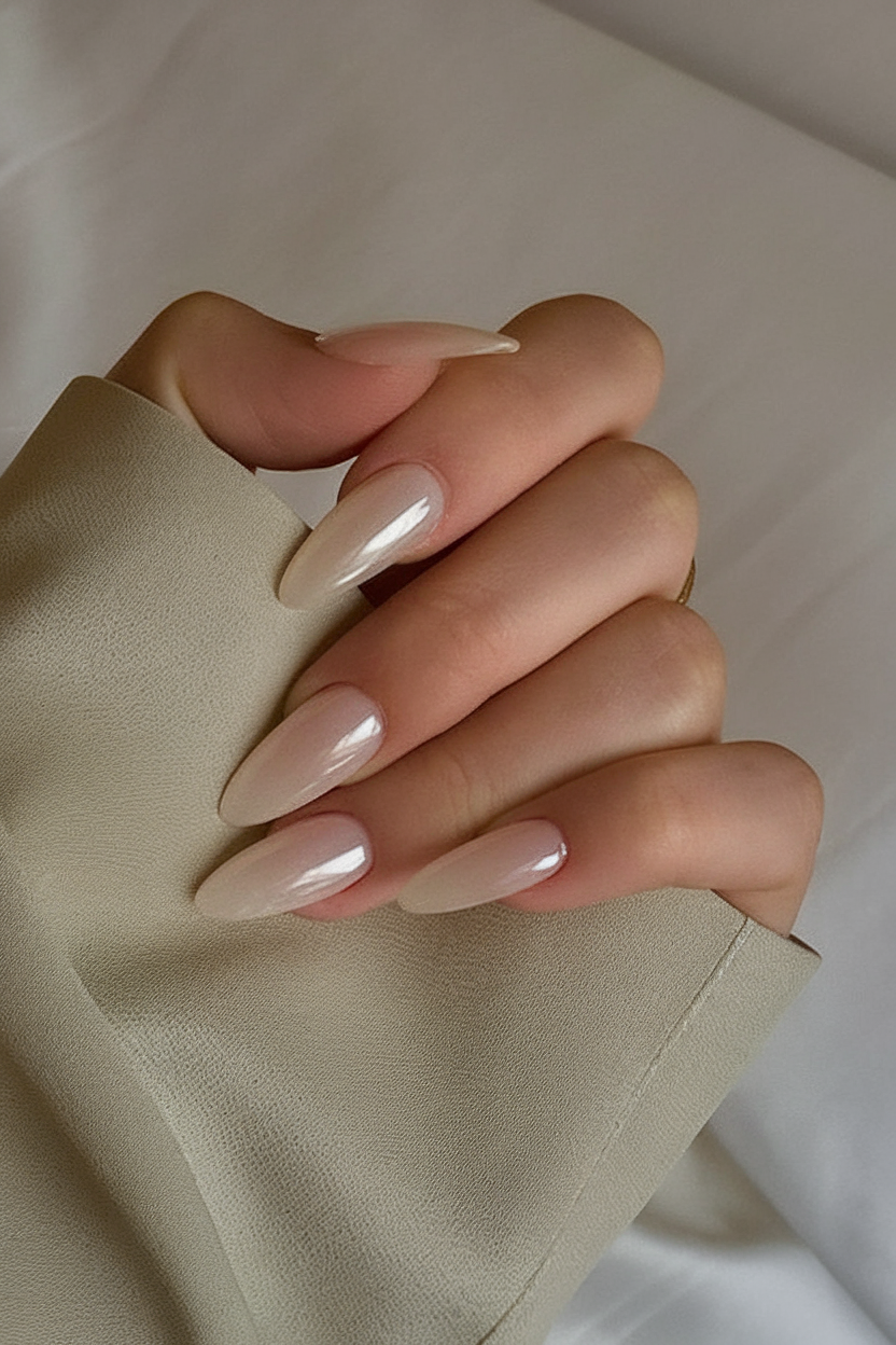 Long almond nails with pearly finish.