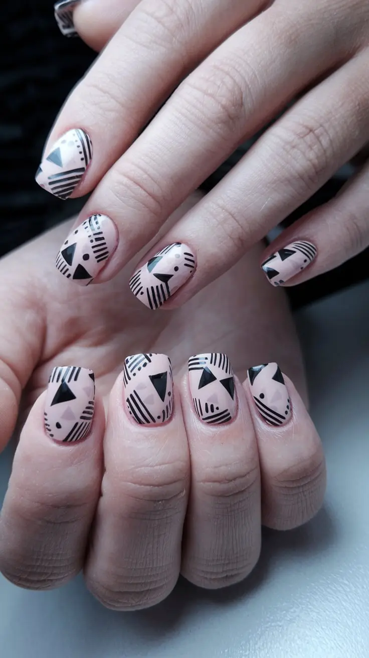 Short square nails with black and white geometric design.