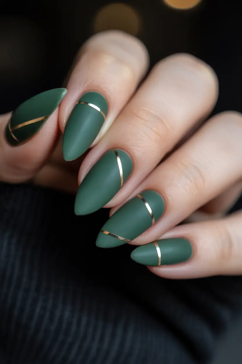 Almond nails with matte green and gold striping accents.
