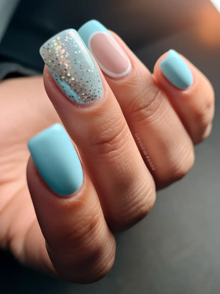 Soft blue nails with glitter accent, perfect for serene vacation looks and subtle elegance