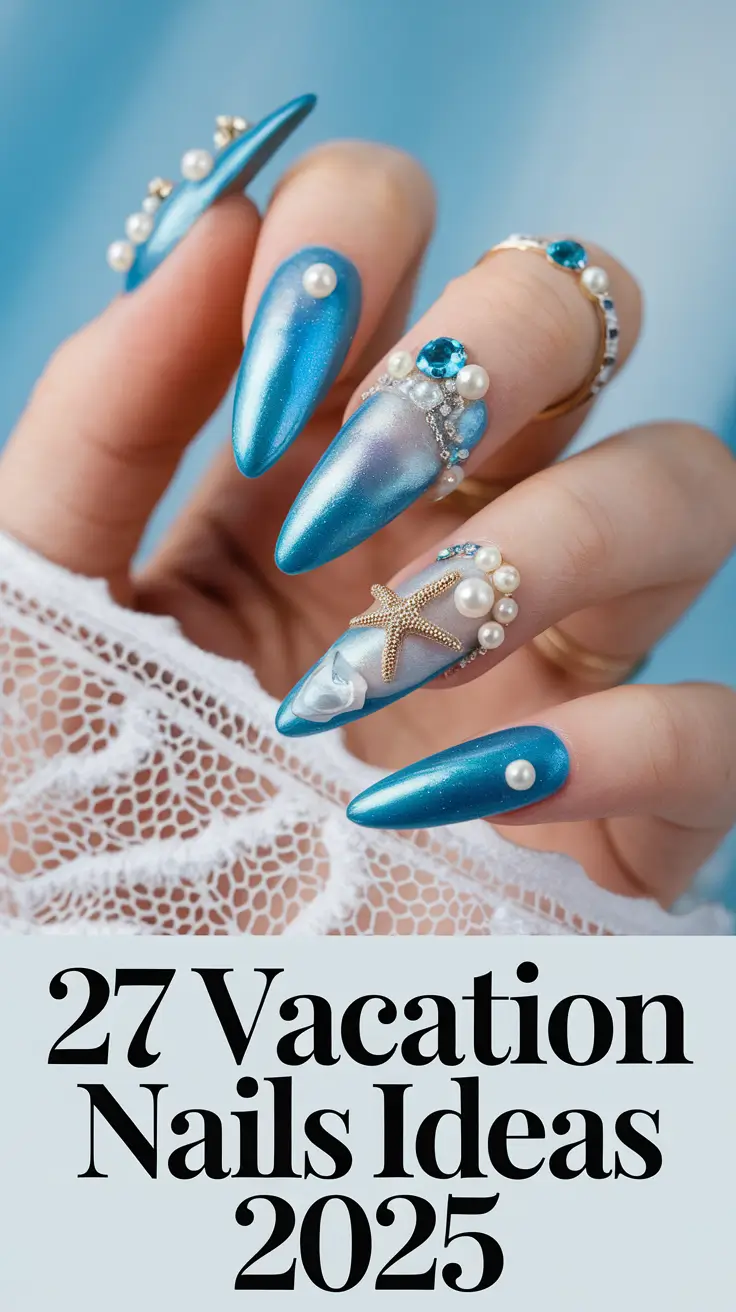 Blue nails with ocean-themed jewel embellishments, perfect for luxurious vacation aesthetics